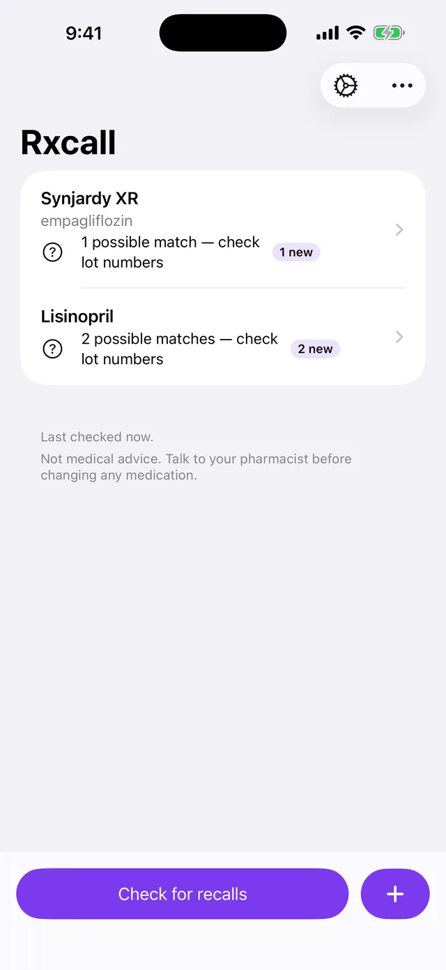 Rxcall home screen showing a medication list with possible recall matches