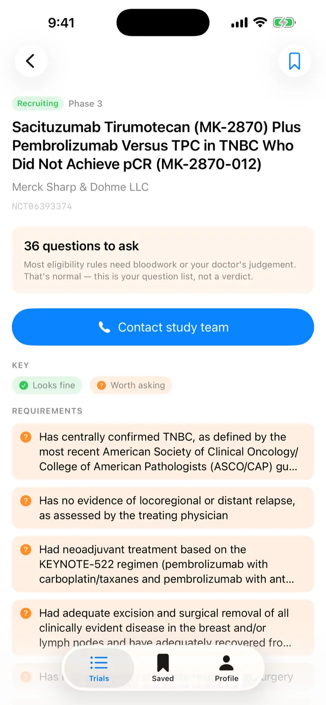 Trialhead showing a trial with its eligibility rules turned into a list of questions to ask